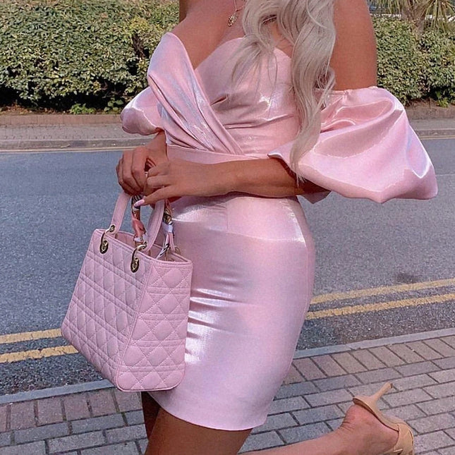 LN231 in stock explosion European and American women 2022 Word collar shoulder fold sexy lamp sleeve tentate dress