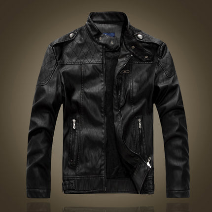 AliExpress Foreign Trade Men's Slim-fit Stand Collar Fleece-lined Leather Jacket for Youth Men's Coat European and American Style Shoulder Leather Jacket