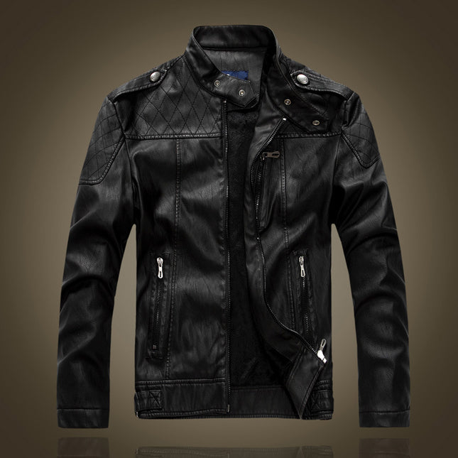 AliExpress Foreign Trade Men's Slim-fit Stand Collar Fleece-lined Leather Jacket for Youth Men's Coat European and American Style Shoulder Leather Jacket