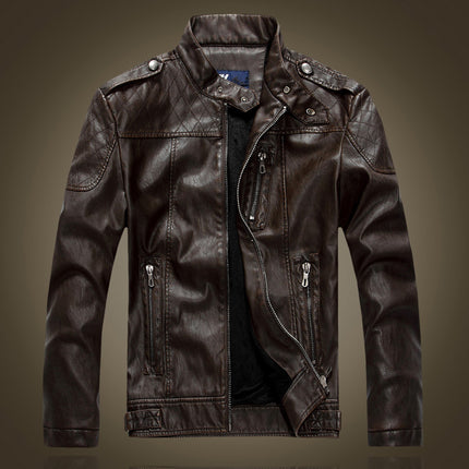 AliExpress Foreign Trade Men's Slim-fit Stand Collar Fleece-lined Leather Jacket for Youth Men's Coat European and American Style Shoulder Leather Jacket