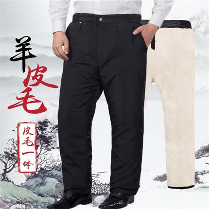 Winter Warm Camouflage Wool Leather Pants Fur Integrated Liner Middle-aged and Elderly Men's Real Fur Fleece-lined Thickened Cotton Pants