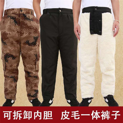 Winter Warm Camouflage Wool Leather Pants Fur Integrated Liner Middle-aged and Elderly Men's Real Fur Fleece-lined Thickened Cotton Pants