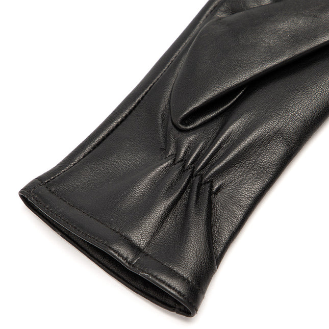 Autumn and Winter Women's Genuine Sheepskin Gloves, Windproof and Warm Leather Gloves, European and American Style Driving and Cycling Gloves with Fleece Lining and Extended Length