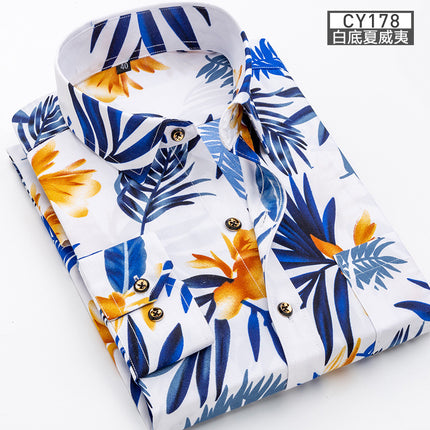 New Men's Printed Long-Sleeved Shirt, Korean Style Slim Fit, Youth Fashion, Casual and Versatile Shirt, Cross-Border Bestseller in Europe and America