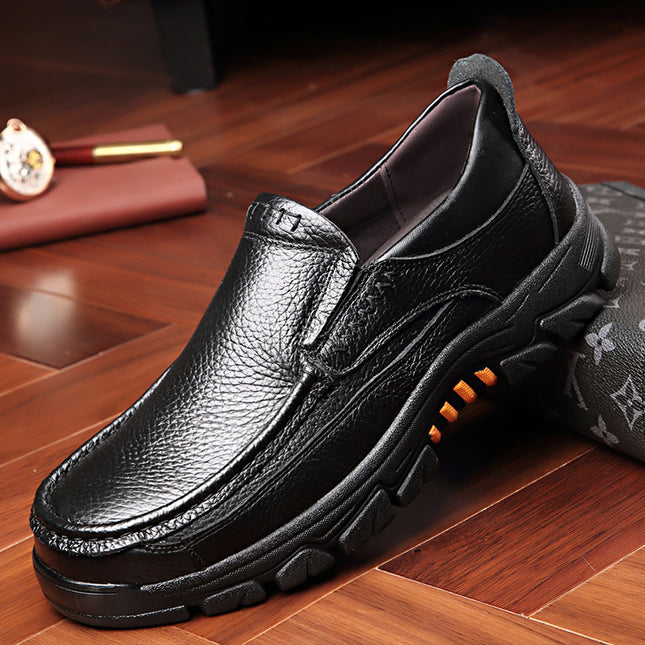 Spring Men's Shoes Thick-Soled Soft Leather Dad Shoes Over-The-Foot Men's Middle-Aged Business Casual Leather Shoes Slip-On Leather Shoes
