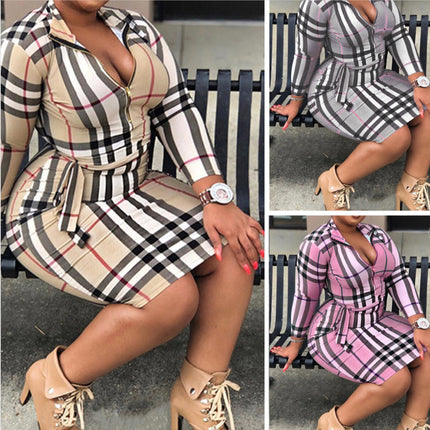 Autumn foreign trade plus size women's clothing European and American plus size dress cross-border Amazon explosions sexy slim plaid skirt women