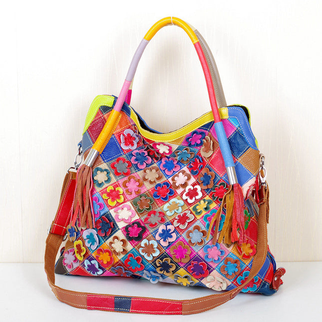 Cross-border best selling leather women's bags wholesale colorful color contrast handmade flower personality ladies shoulder slung leather bags