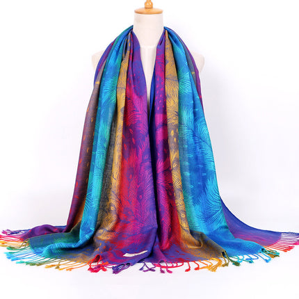 Ethnic Style Women's Vintage Jacquard Scarf Jacquard Cotton Feather Travel Spring and Autumn Long Shawl Warm Air Conditioning D01