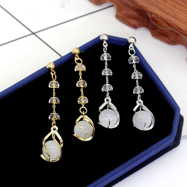 925 Silver Pin Cat's Eye Earrings Sweet College Style Bow Earrings Long Earrings Earrings for Women