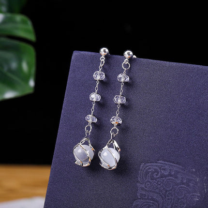 925 Silver Pin Cat's Eye Earrings Sweet College Style Bow Earrings Long Earrings Earrings for Women