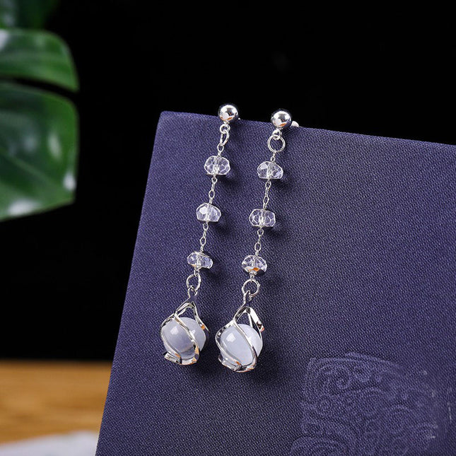 925 Silver Pin Cat's Eye Earrings Sweet College Style Bow Earrings Long Earrings Earrings for Women