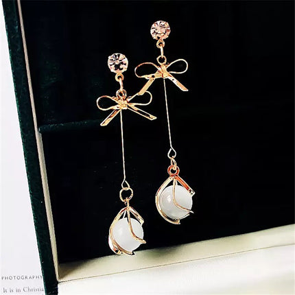 925 Silver Pin Cat's Eye Earrings Sweet College Style Bow Earrings Long Earrings Earrings for Women