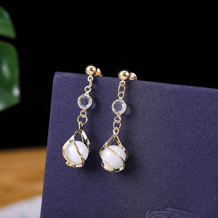 925 Silver Pin Cat's Eye Earrings Sweet College Style Bow Earrings Long Earrings Earrings for Women