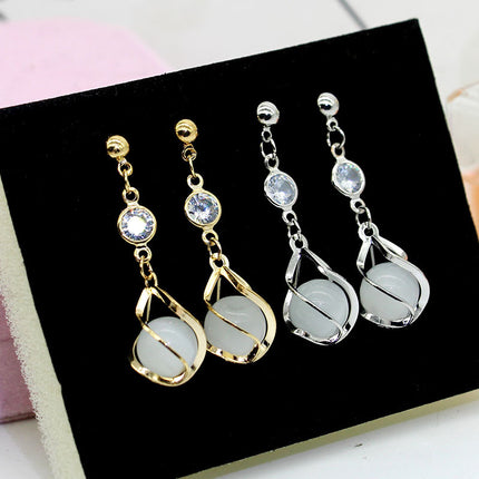 925 Silver Pin Cat's Eye Earrings Sweet College Style Bow Earrings Long Earrings Earrings for Women