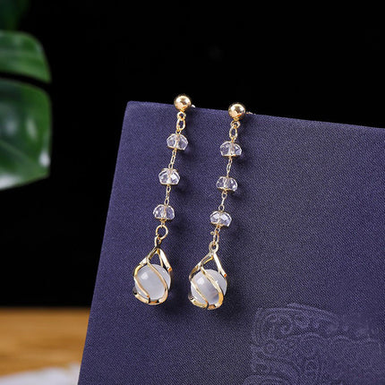 925 Silver Pin Cat's Eye Earrings Sweet College Style Bow Earrings Long Earrings Earrings for Women