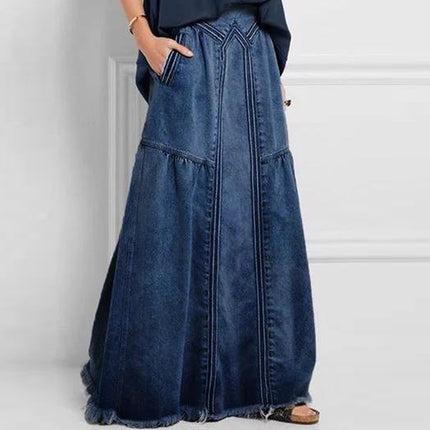 European and American Cross-Border Women's Autumn and Winter Denim A-Line Skirt Bundled with Brushed Elastic High Waist Simple Versatile Long Skirt