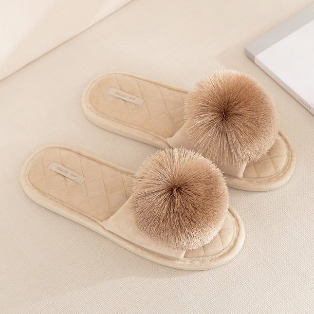 halluci Fish Mouth Plush Tassel Ball Slippers Non-Slip Rubber Bottom Home Comfortable Slippers for Women