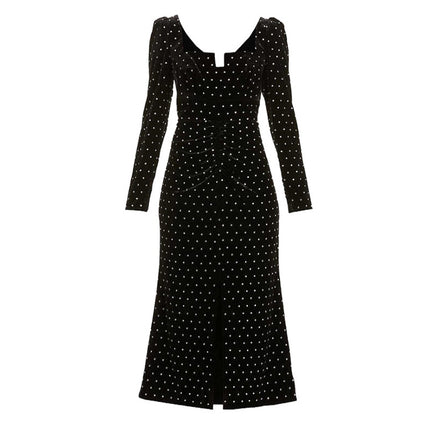 Yang Chaochao French Style Retro Hepburn Style Black Velvet Square Collar Long Slim Dress Christmas Dress