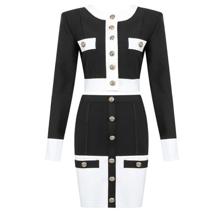 Cross-border 2020 Europe and the United States new temperament black and white color matching breasted cardigan A- line skirt suit factory wholesale 4 colors