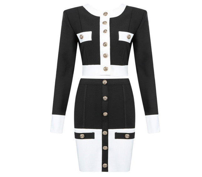 Cross-border 2020 Europe and the United States new temperament black and white color matching breasted cardigan A- line skirt suit factory wholesale 4 colors
