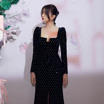 Yang Chaochao French Style Retro Hepburn Style Black Velvet Square Collar Long Slim Dress Christmas Dress