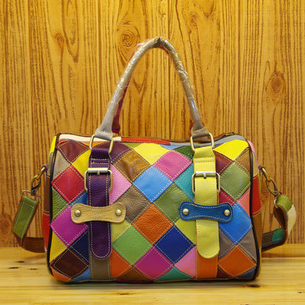 Genuine Leather Cowhide Box Bag Black Colorful Contrast Stitching / Sac Boîte Cuir Véritable Vachette Noir Multicolore Coutures