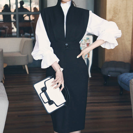 2024 Autumn Korean Bottoming White Ladylike Ruffled Tank Top High Collar Easiest for Match Hip Covering Dress