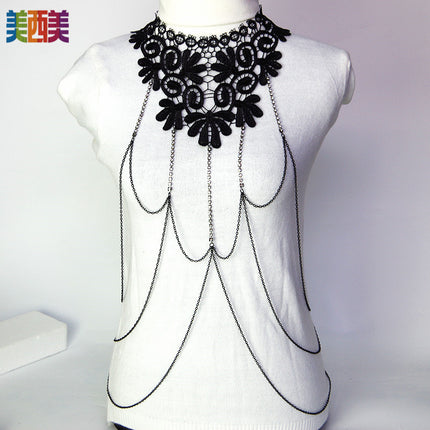 Meimei body chain jewelry black lace multi-layer diamond chain tassel necklace body chain