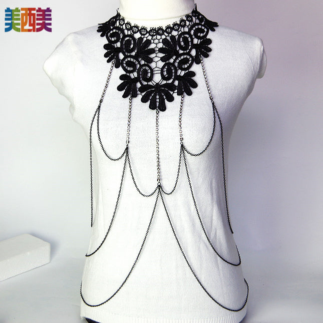 Meimei body chain jewelry black lace multi-layer diamond chain tassel necklace body chain