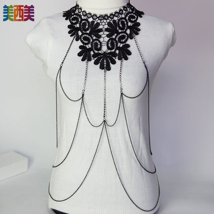 Meimei body chain jewelry black lace multi-layer diamond chain tassel necklace body chain