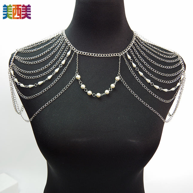 European and American Cross-Border Chest Chain Body Chain White K Necklace Exaggerated Shoulder Chain Tassel Body Chain Factory Direct Sale