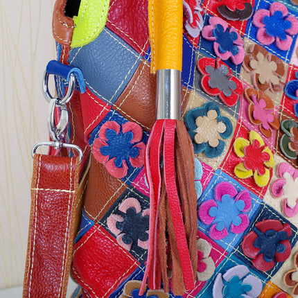 Cross-border best selling leather women's bags wholesale colorful color contrast handmade flower personality ladies shoulder slung leather bags