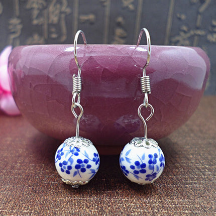 Original handmade creative earrings Chinese style ceramic earrings blue and white porcelain ear hook National style eardrop supply wholesale