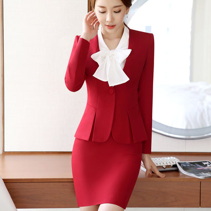 Red Business Suit Women's Suit Dress Beautician Work Clothes suit Fake Two-Piece Suit Fashion Hotel Front Desk Long Sleeve