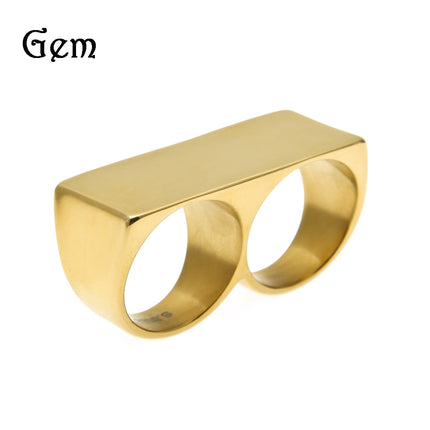 European and American Personalized Two-Finger Stainless Steel Ring Men's Hip-Hop Retro Punk Vacuum Electroplated Gold Ring Wholesale