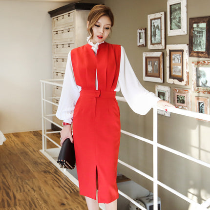 2024 Autumn Korean Bottoming White Ladylike Ruffled Tank Top High Collar Easiest for Match Hip Covering Dress