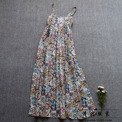 Long Floral Slip Skirt Cotton Cloth Mori Women's Artistic Base Dress for Traveling to the Seaside Holiday Beach Long Dress