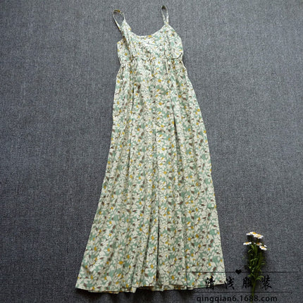 Long Floral Slip Skirt Cotton Cloth Mori Women's Artistic Base Dress for Traveling to the Seaside Holiday Beach Long Dress