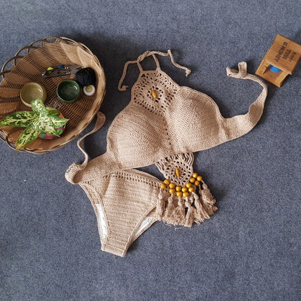 2020 European and American New Women's Swimsuit Set Beach Sun Bath Foreign Trade Handmade Crochet Tassel Split Bikini