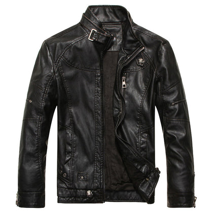 Autumn and Winter Fleece-Lined Men's Vintage Motorcycle Leather Jacket Fur One-Piece Short Slim-Fit Leather Fashion European and American Collar Coat