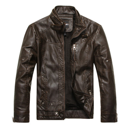 Autumn and Winter Fleece-Lined Men's Vintage Motorcycle Leather Jacket Fur One-Piece Short Slim-Fit Leather Fashion European and American Collar Coat
