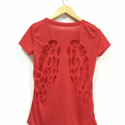 Amazon Back Burning Flower Laser Carving Hollow Angel Wings Black Round Neck Short Sleeve Women's T-shirt for Foreign Trade
