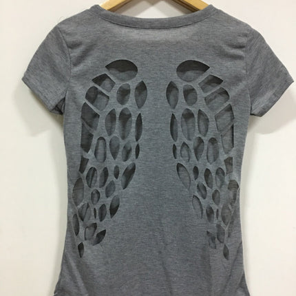 Amazon Back Burning Flower Laser Carving Hollow Angel Wings Black Round Neck Short Sleeve Women's T-shirt for Foreign Trade