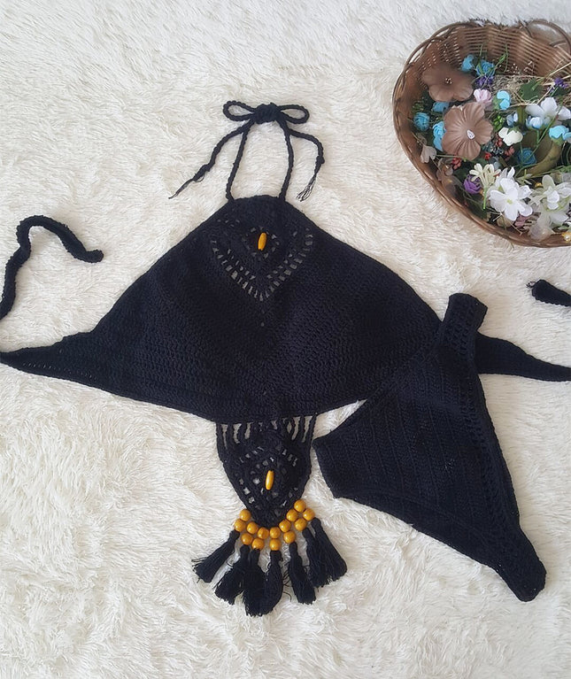 2020 European and American New Women's Swimsuit Set Beach Sun Bath Foreign Trade Handmade Crochet Tassel Split Bikini