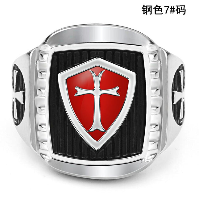 New jewelry European and American fashion retro Crusader oil drop red cross men's personality stainless steel ring