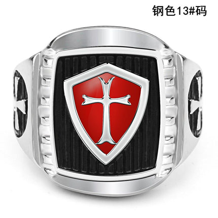 New jewelry European and American fashion retro Crusader oil drop red cross men's personality stainless steel ring