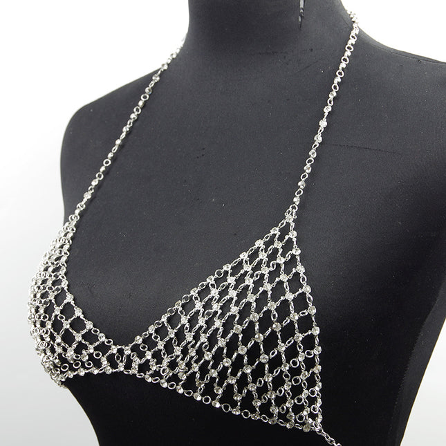European and American Cross-Border Jewelry Nightclub Style Metal Necklace Bikini Body Sexy Hollow Full Diamond Grid Micro-Inlaid