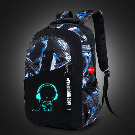 Cross-Border Lightweight Waterproof Casual Printed School Bag Junior High School Student Backpack Luminous Safety Burden-Reducing Computer Backpack