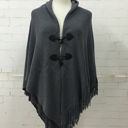 Autumn and Winter New Shawl Cloak Tassel Horn Button Pure Color Asymmetrical Double Layer Tassel Cloak Shawl Warm and Thickeneded