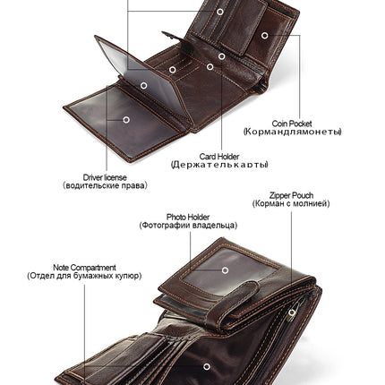 Cross-Border Men's Short Genuine Leather Wallet Retro Coin Clip First Layer Cowhide Vertical Card Holder Large Capacity